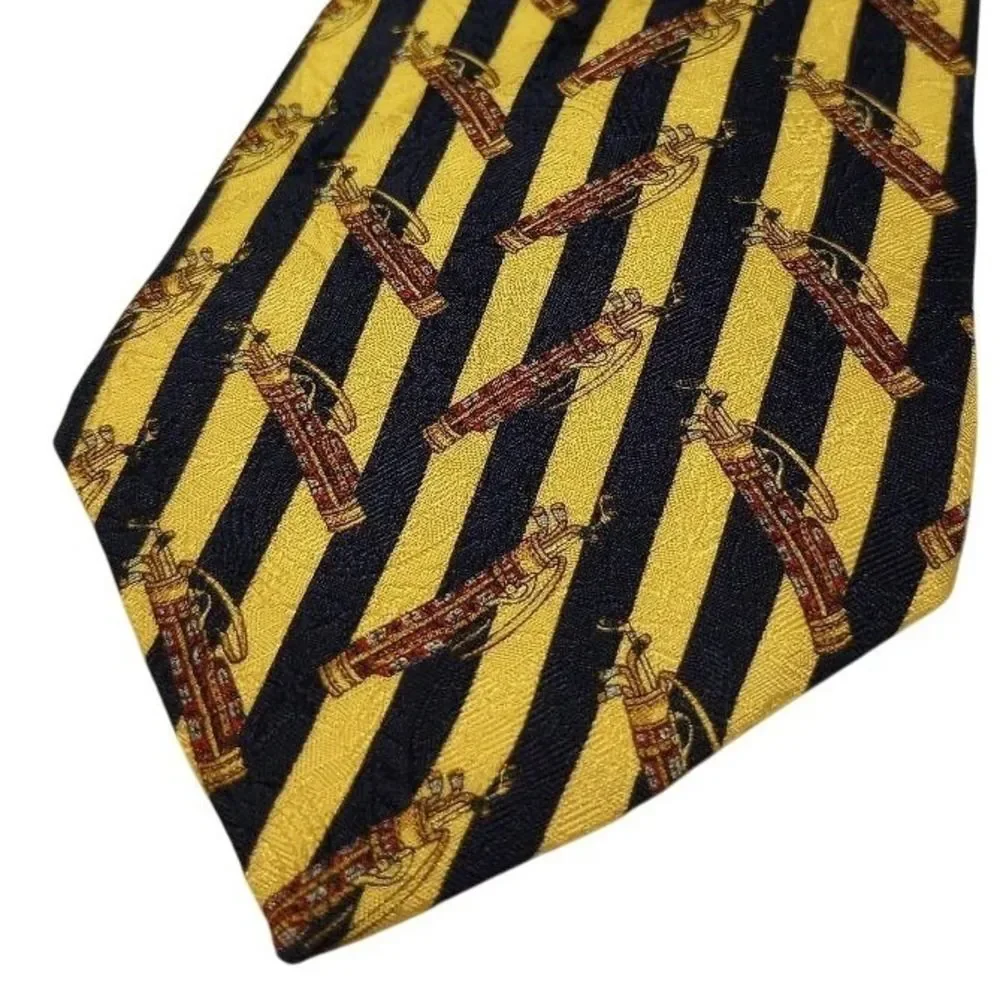 Tommy Hilfiger Men's 100% Silk Tie Gold Navy Golf Bag Stripe‎ Formal